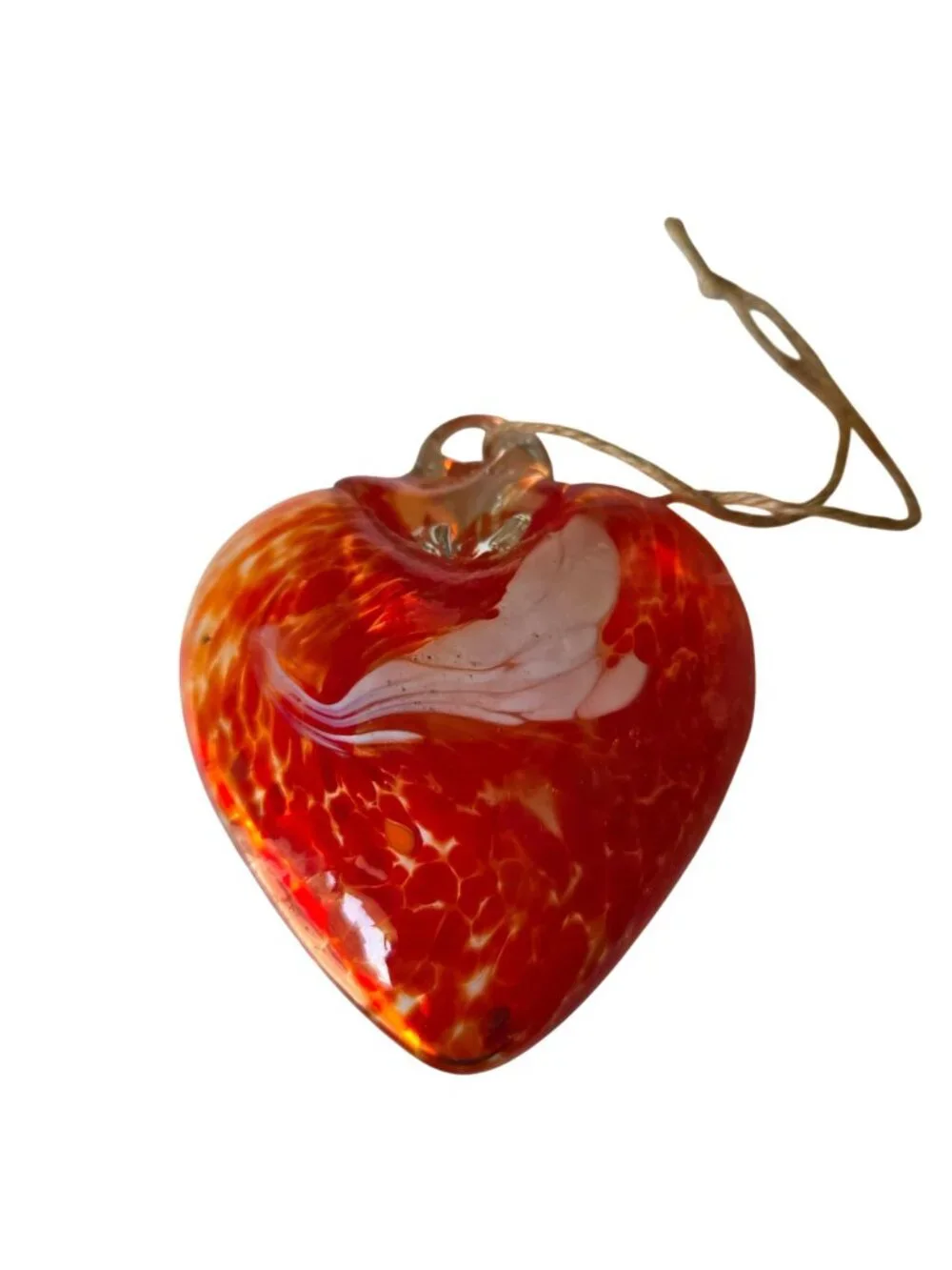 Set of 3 Handblown Glass Heart Ornaments with Hooks Multicolor Red Swirl Orange